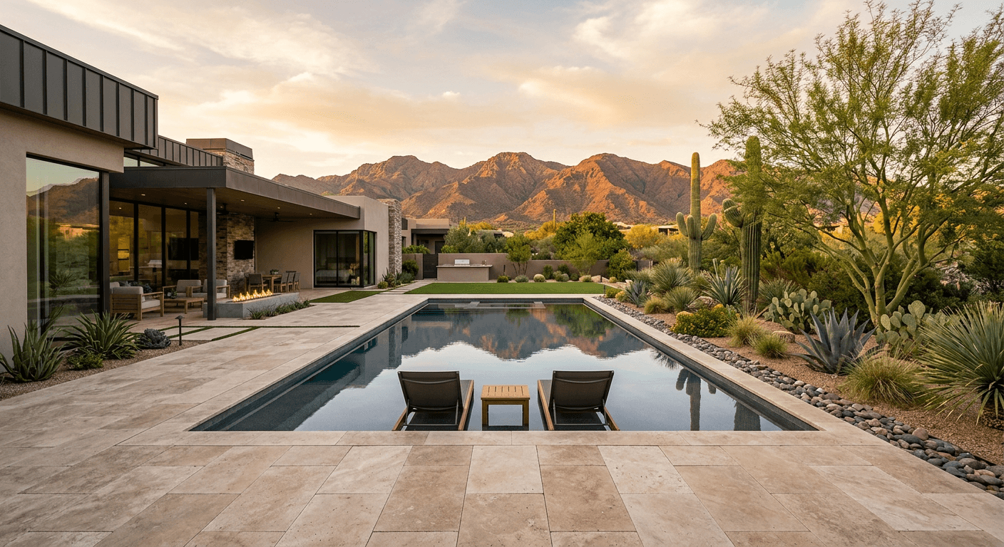 Finished paver patio and backyard landscape in Scottsdale at golden hour